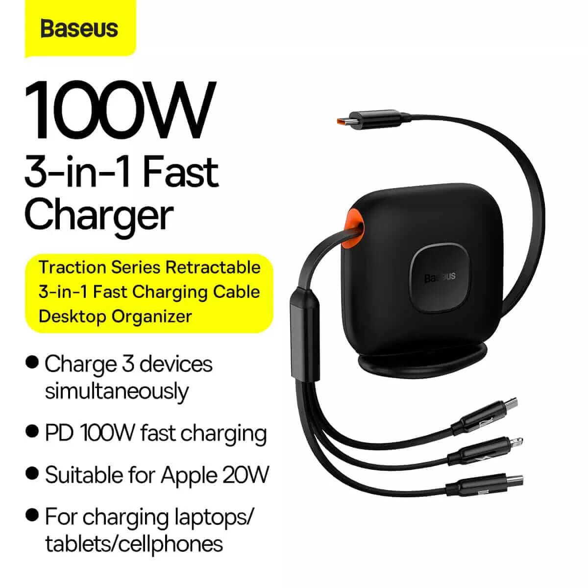 Baseus Traction Series, Baseus Traction Series Retractable, Baseus Traction Series Retractable 3 in 1 Fast Charging Cable