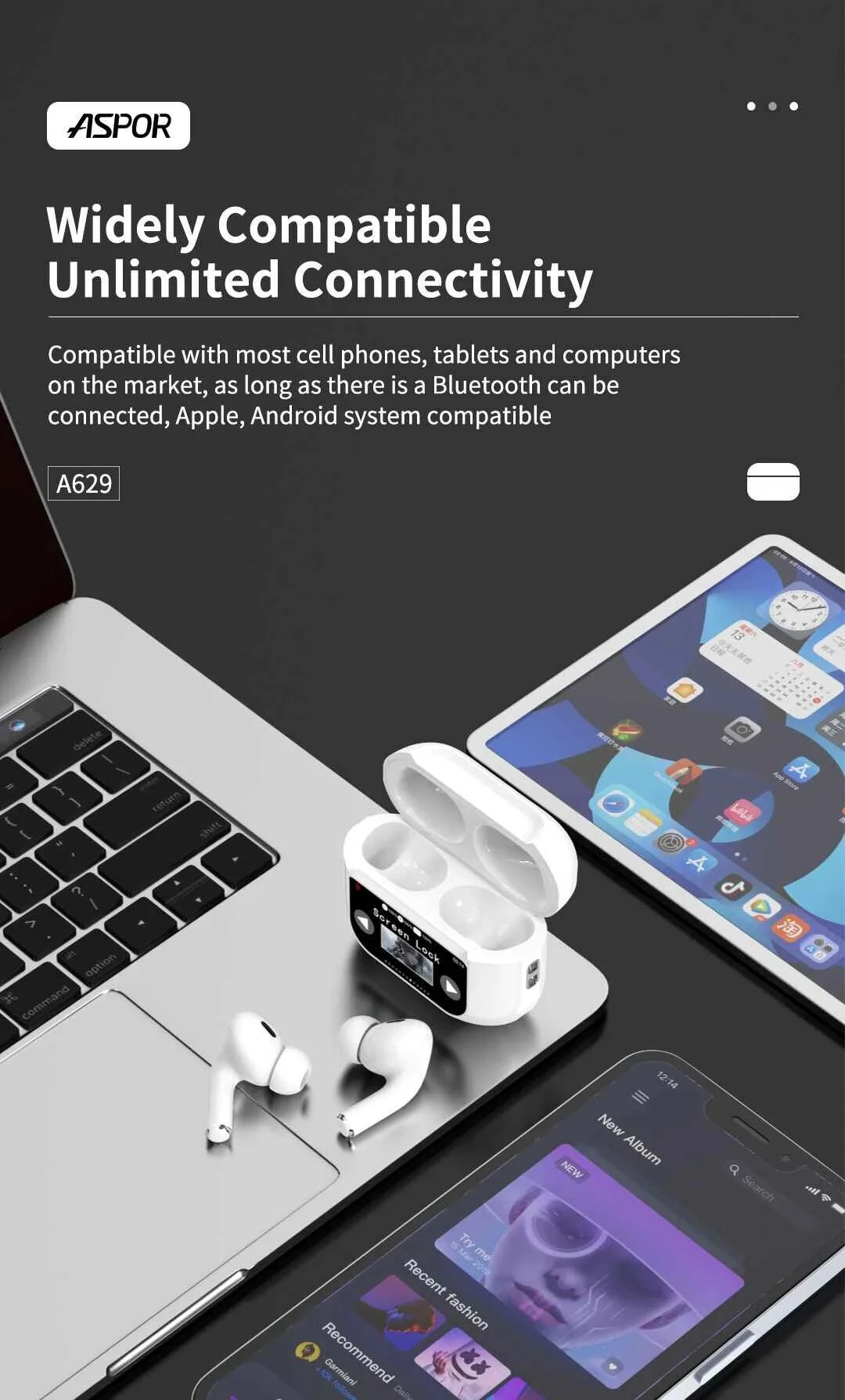 ASPOR A629 V5.3 ANC Touch Screen AirBuds Pro Version