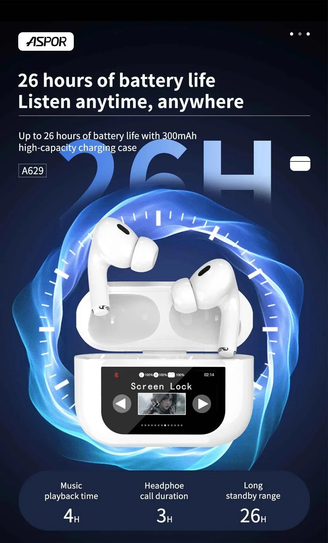 ASPOR A629 V5.3 ANC Touch Screen AirBuds Pro Version