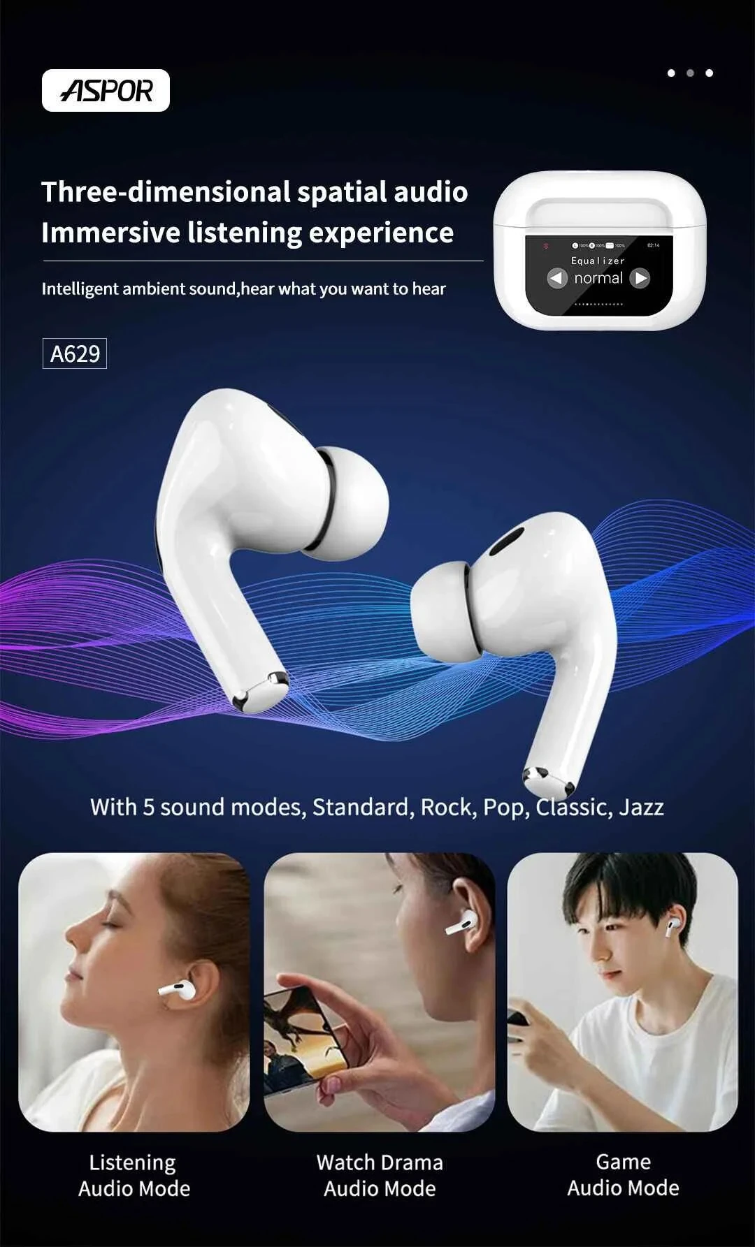 ASPOR A629 V5.3 ANC Touch Screen AirBuds Pro Version
