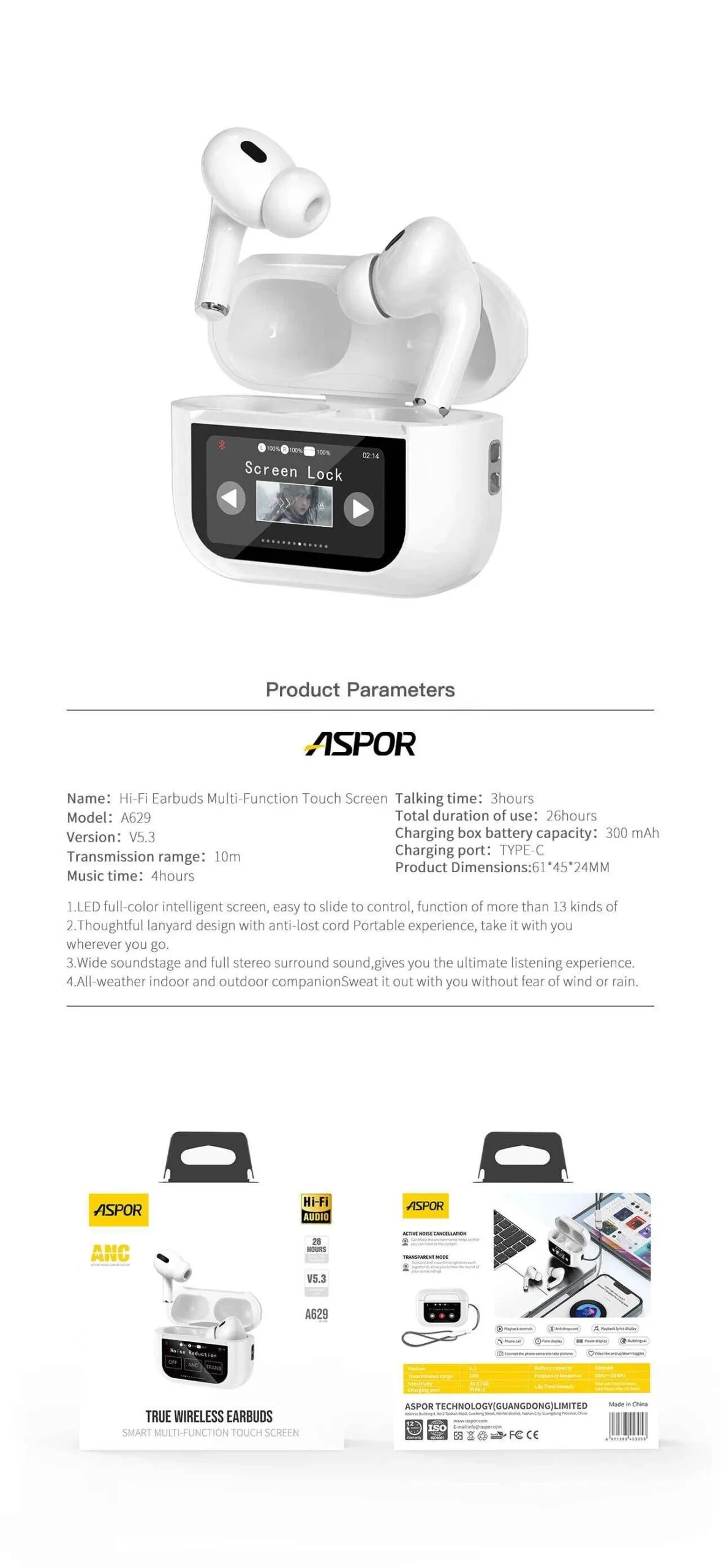 ASPOR A629 V5.3 ANC Touch Screen AirBuds Pro Version