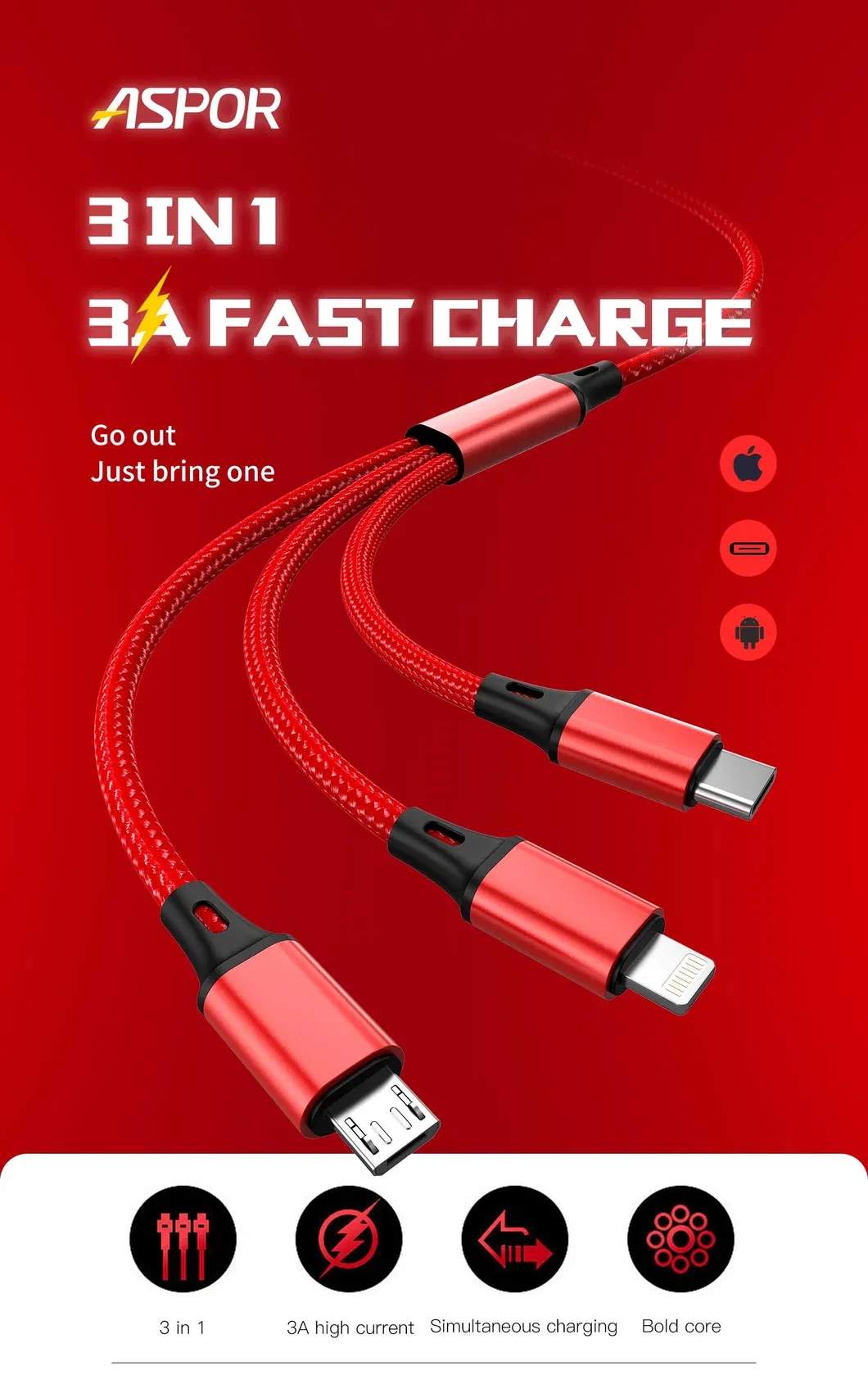 ASPOR 3 in 1 3A Data Cable U+C+IP AC-23