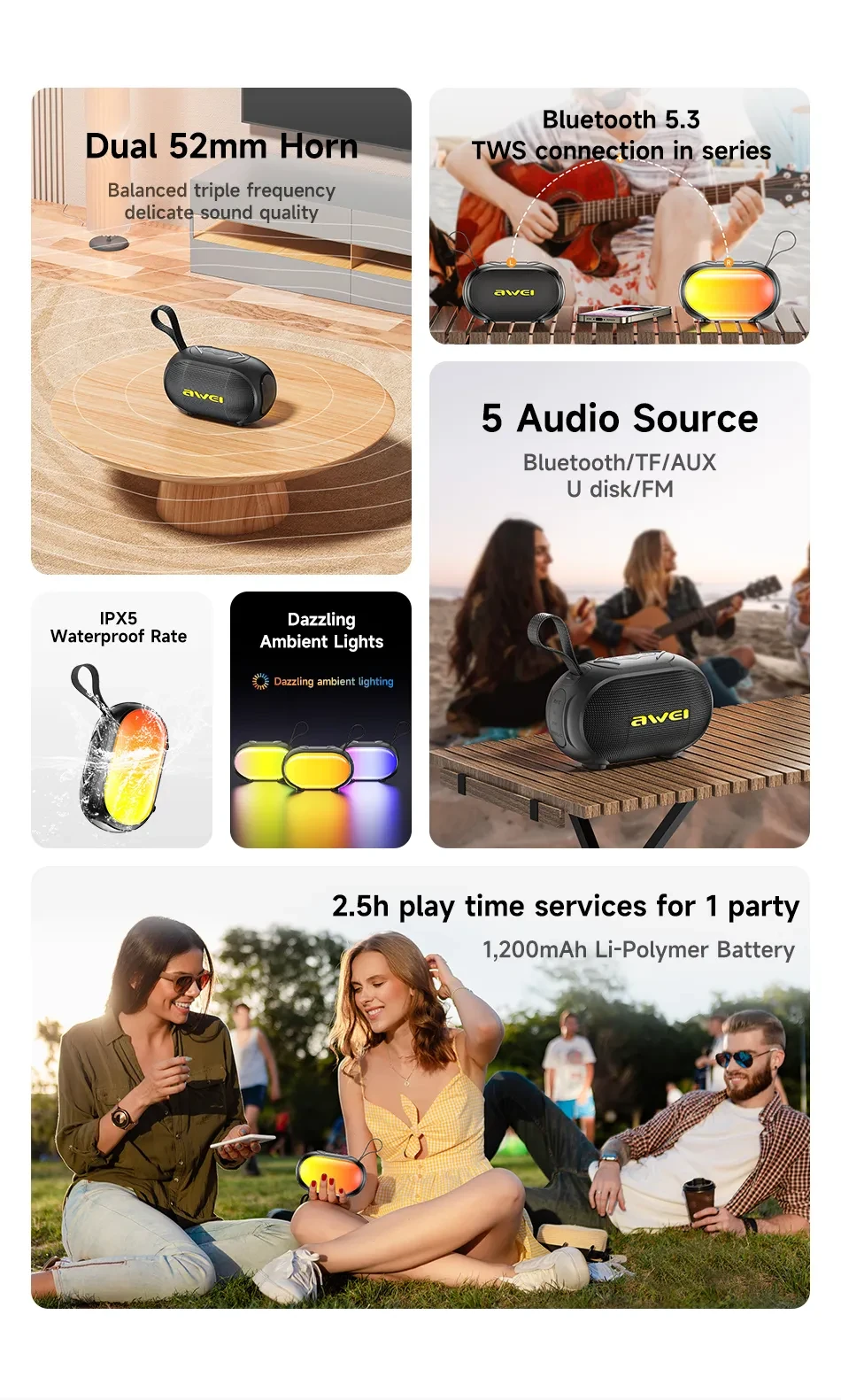 Awei KA1 Portable RGB Bluetooth Speaker Black