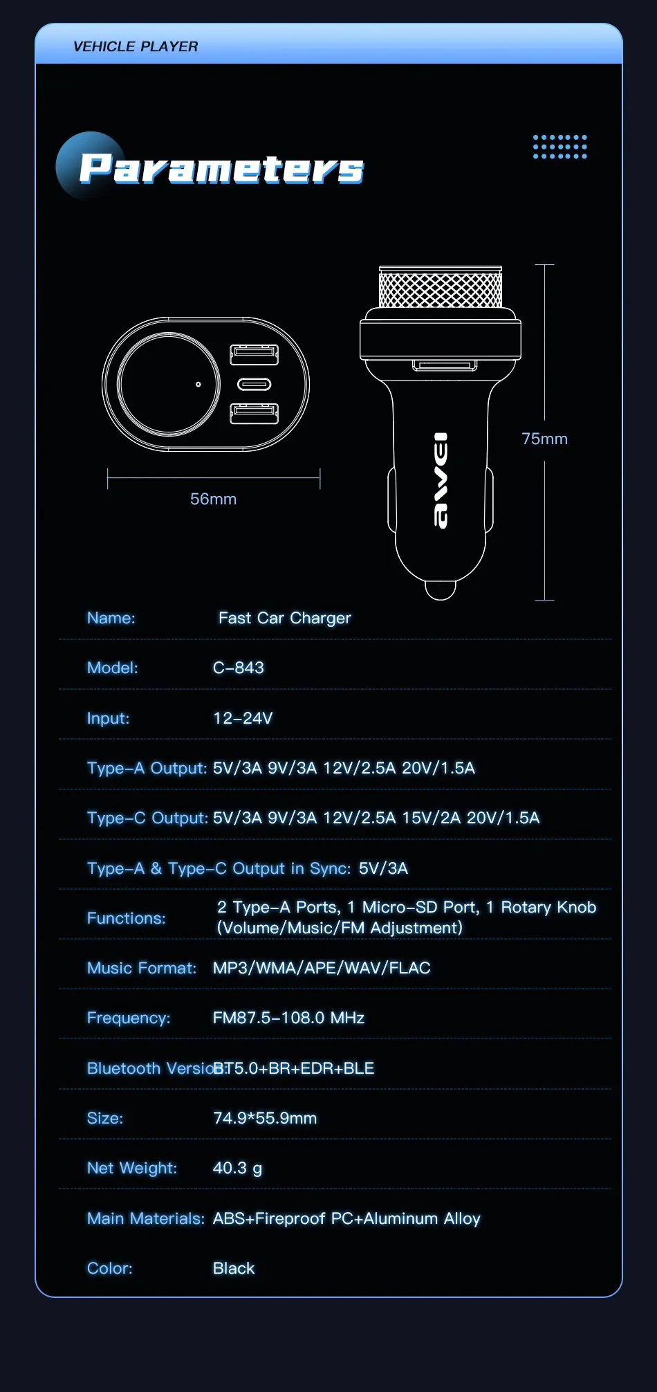 Awei C-843 Mini Car Charger Fast Charger