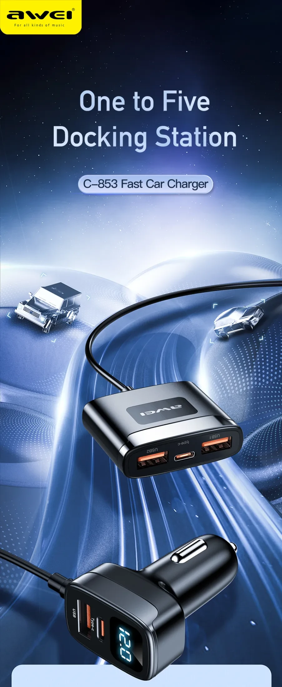 Awei C-853 150cm Front/Rear Car Charger