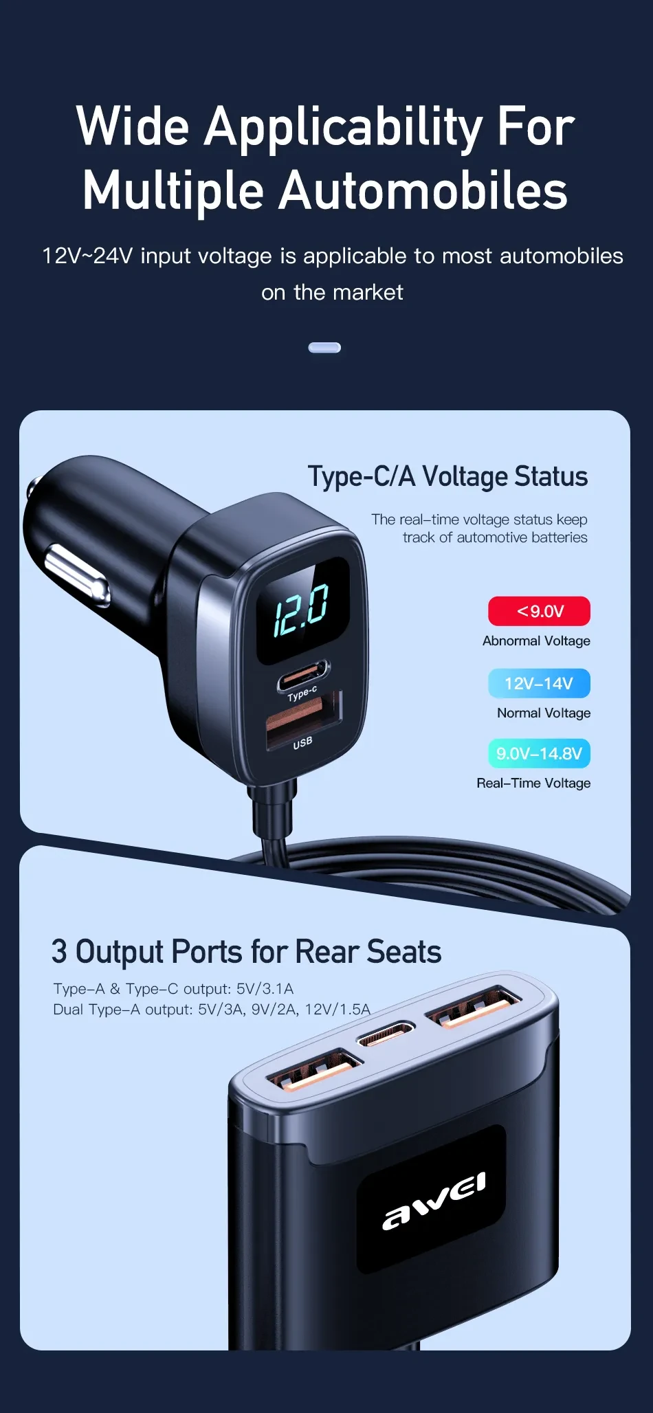 Awei C-853 150cm Front/Rear Car Charger