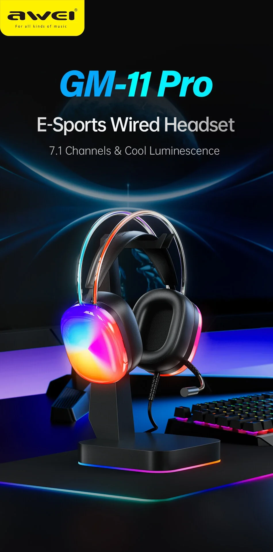 AWEI GM-11pro Colorful Light Gaming Headset – Black