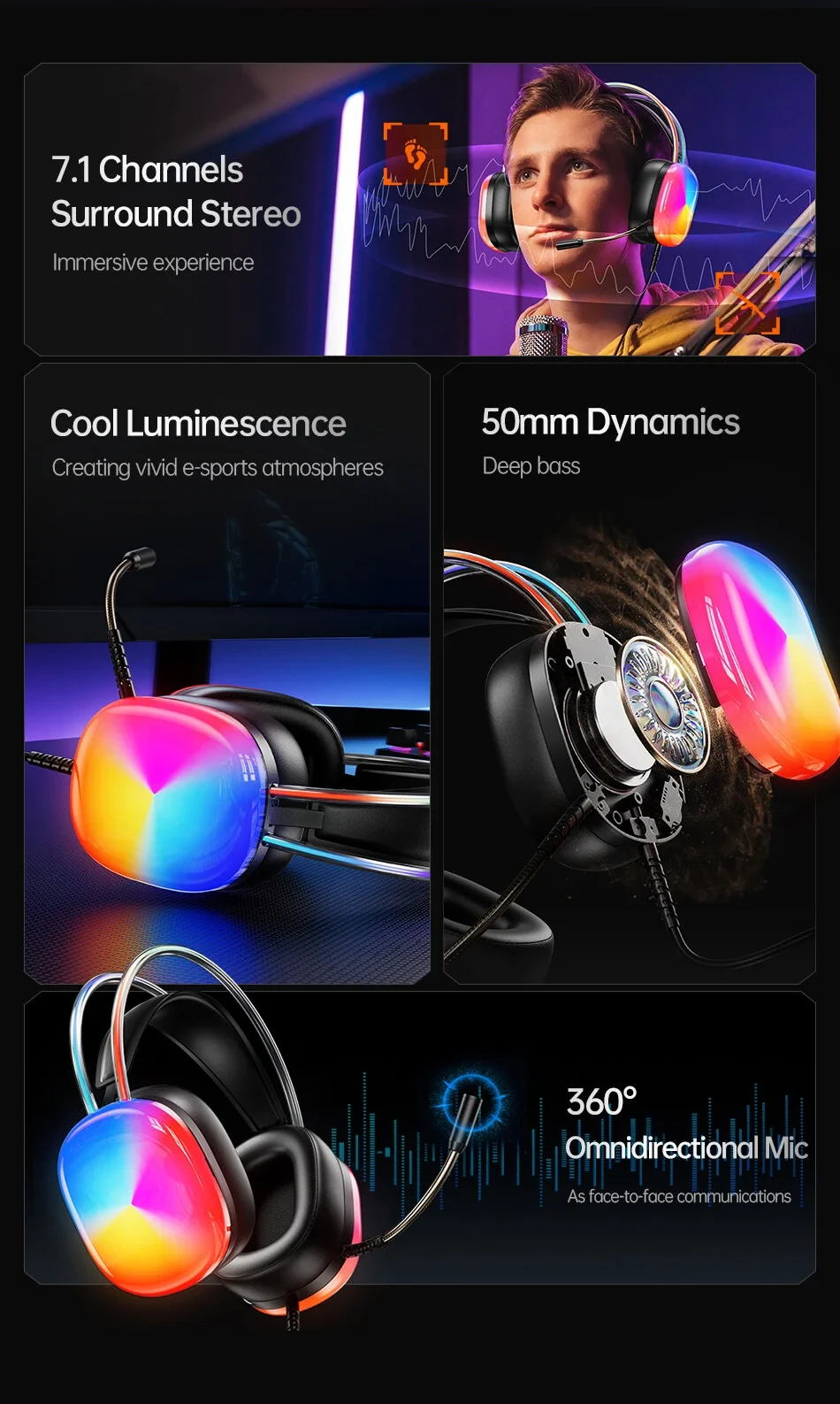 AWEI GM-11pro Colorful Light Gaming Headset – Black