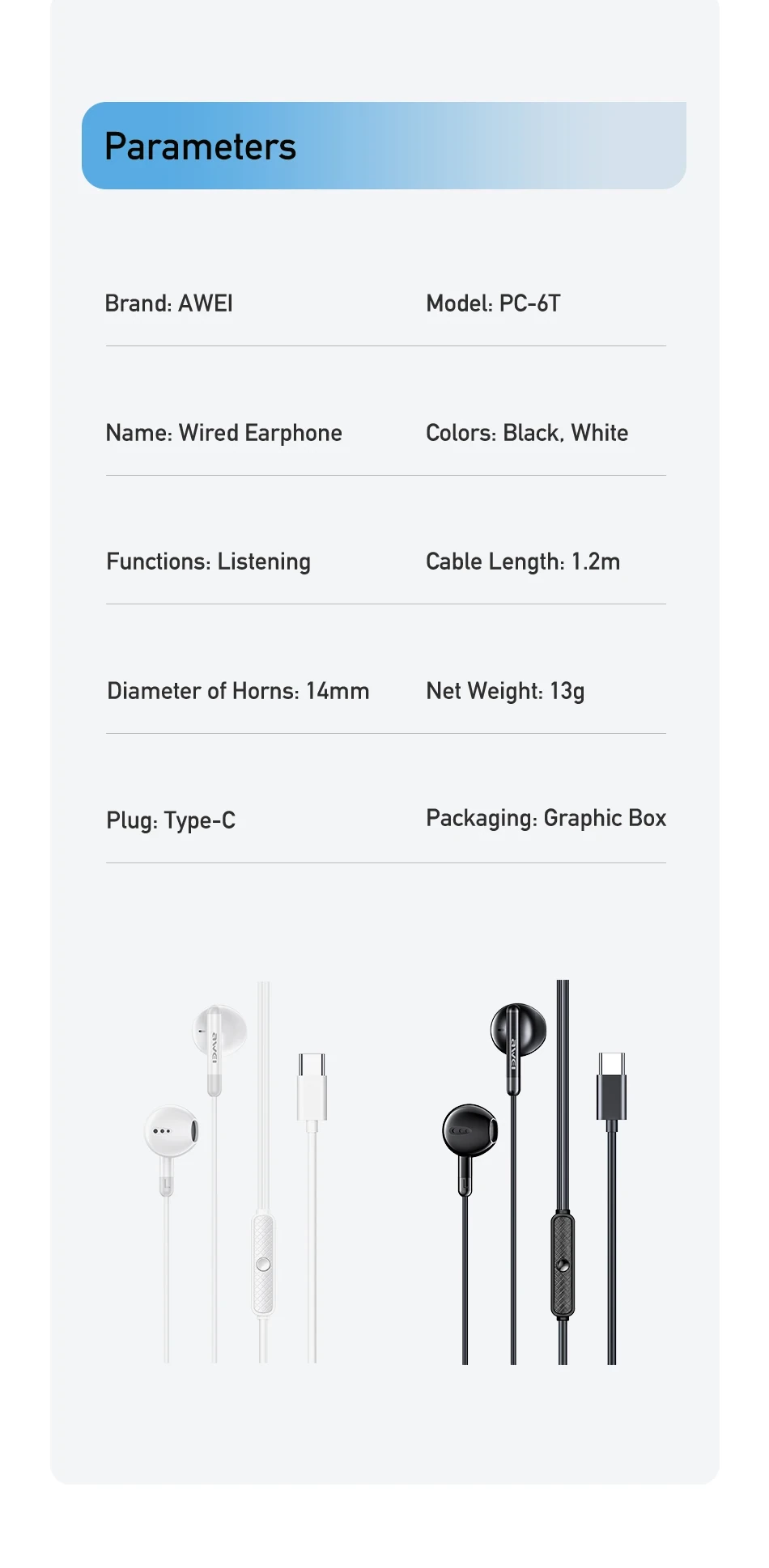 Awei PC-6/PC-6T Wired Earphones 3.5mm