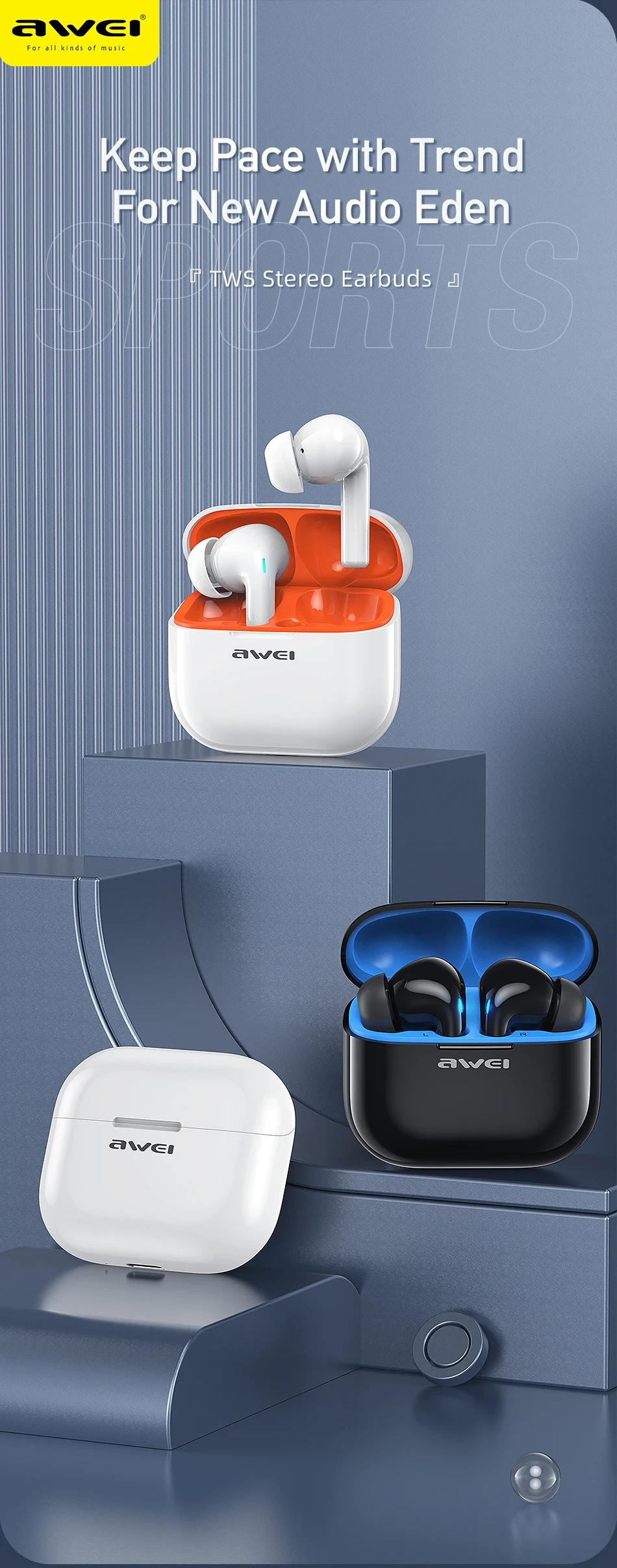 Awei T1 Pro True Sports Earbuds With Charging Case