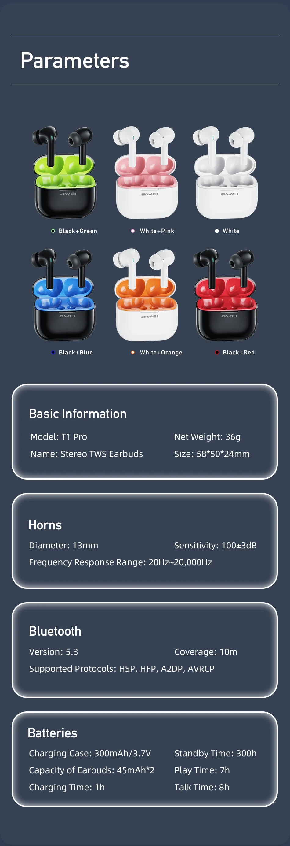 Awei T1 Pro True Sports Earbuds With Charging Case