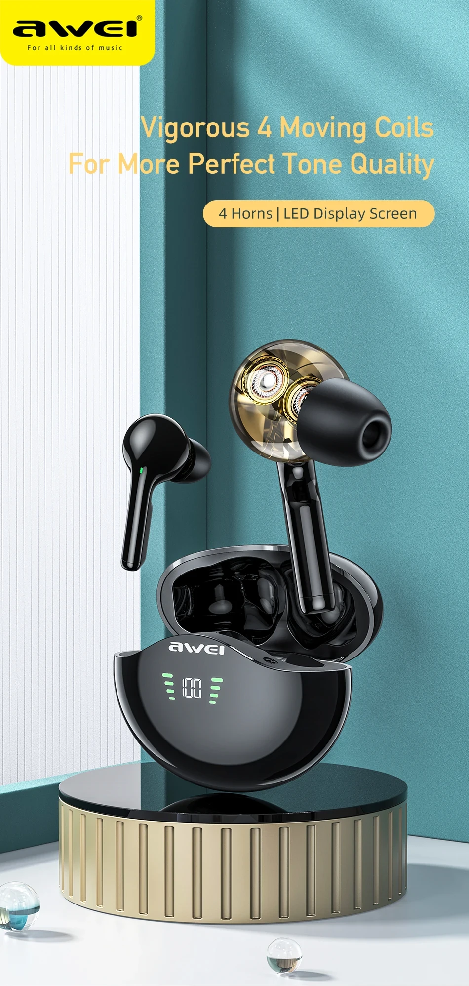 Awei T12P TWS Earphone Dual Dynamic Driver Wireless Bluetooth