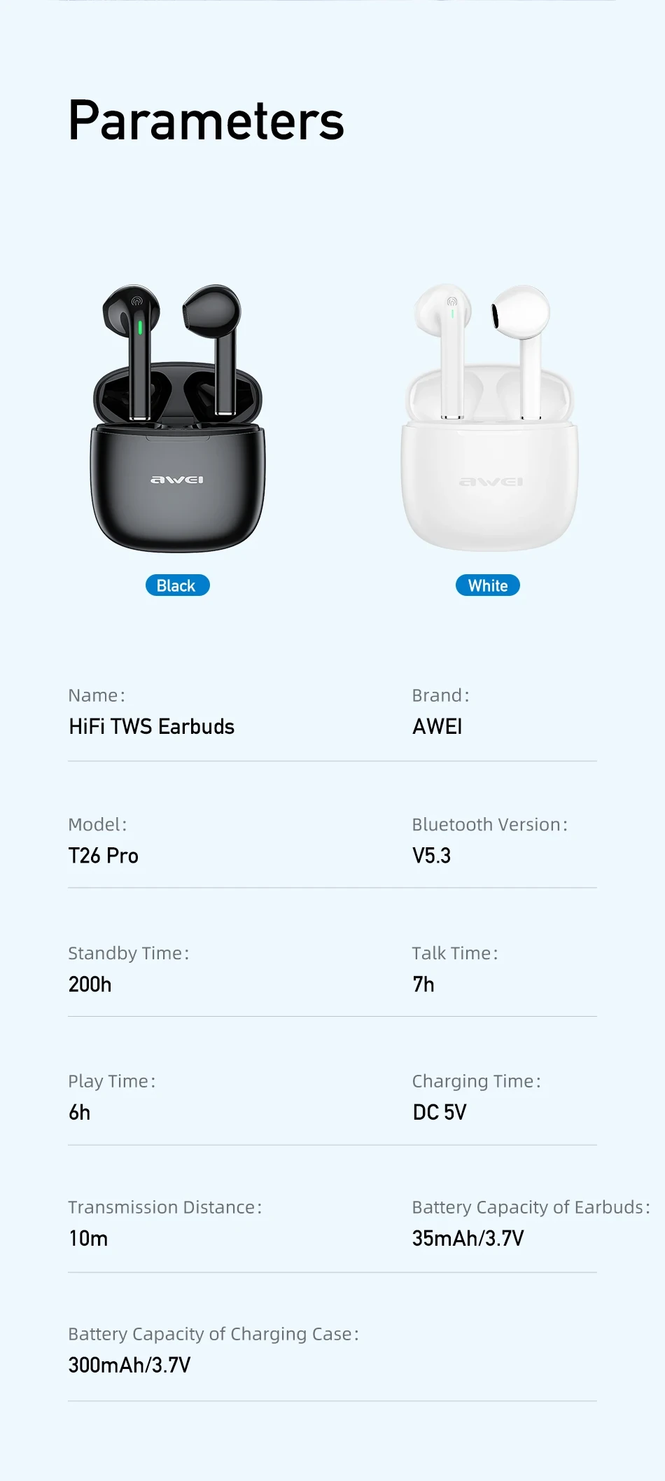 Awei Tws T26 Pro Wireless Bluetooth Earbuds V5.3