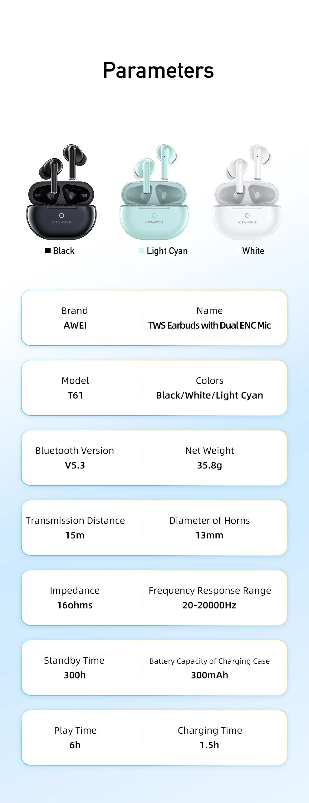 Awei T61 Wireless Noise Cancelling Earbuds