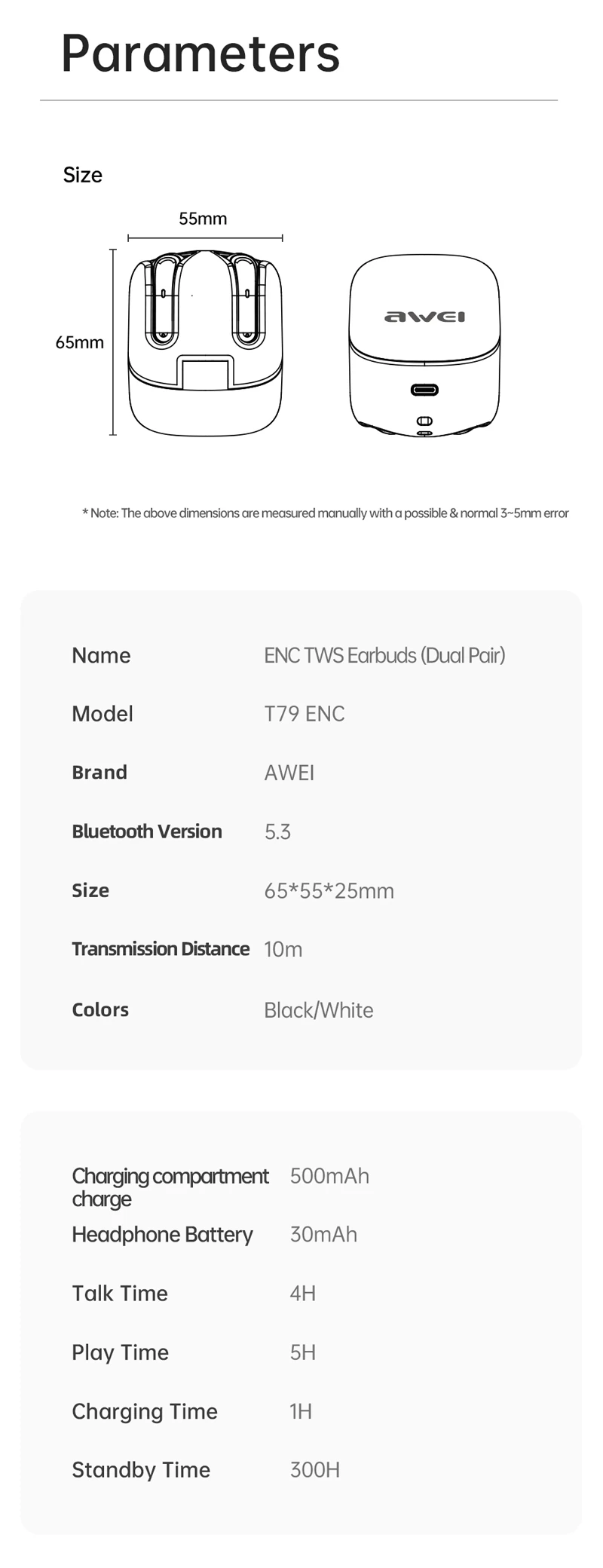 AWEI T79 ENC Heavy Bass Bluetooth Earphone Black