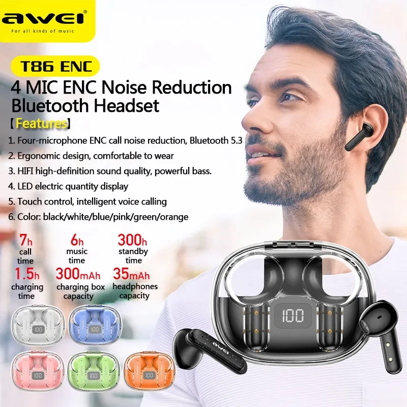 Awei T86 ENC Noise Canceling Wireless Earphones