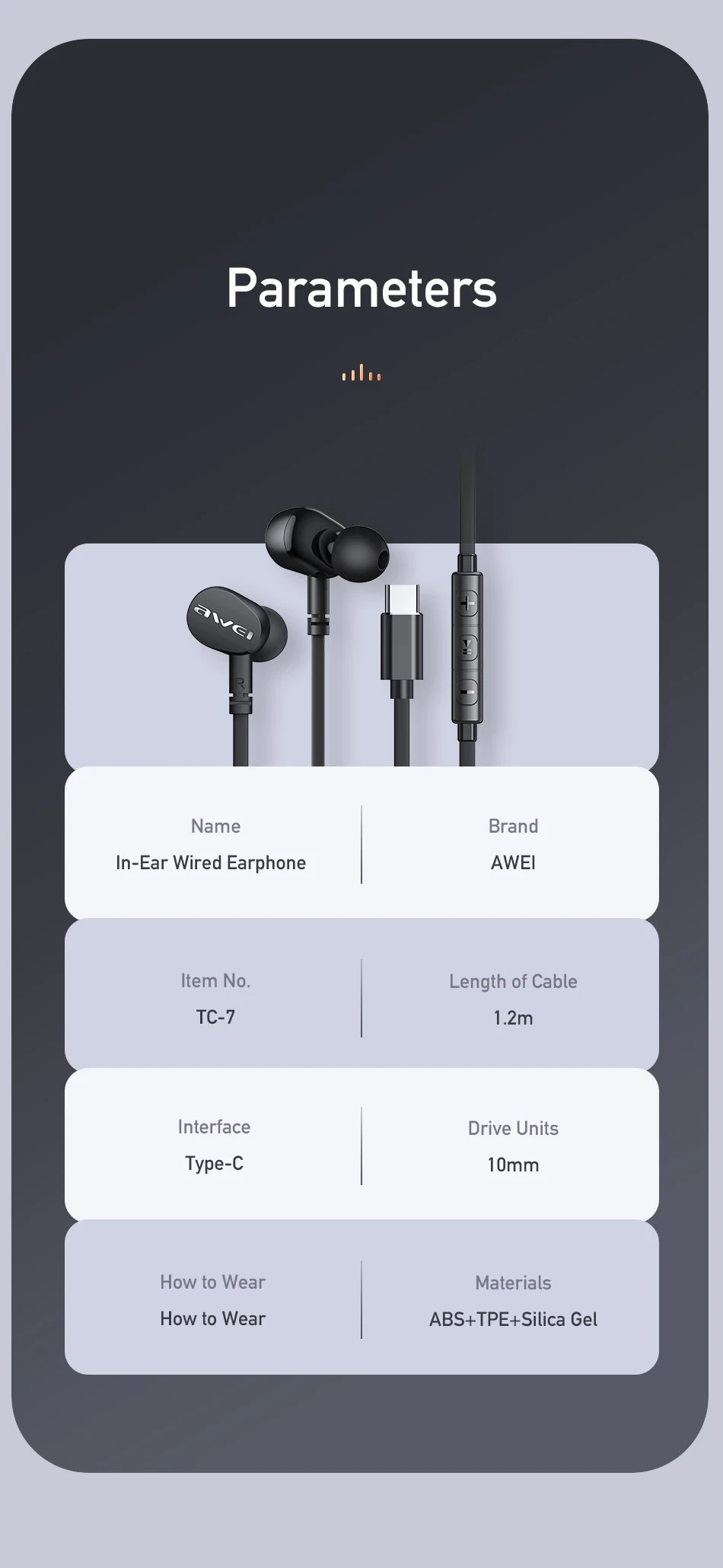 Awei TC-7 Wired Earphone In-ear Type-C Handsfree