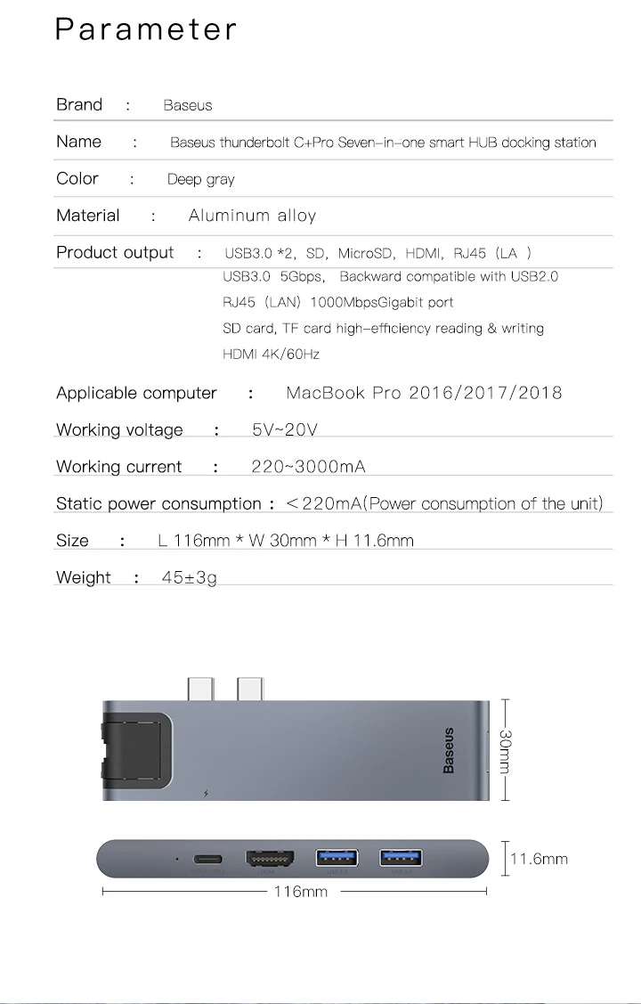 Baseus 7-in-1 Dual USB-C Thunderbolt Hub For MacBook Pro-CAHUB-L0G