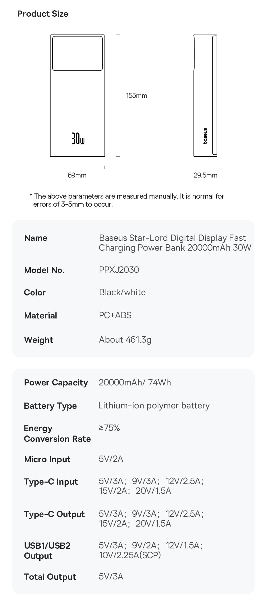 Baseus Star-Lord Digital Display Fast Charging Power Bank 20000mAh 30W Cluster Black