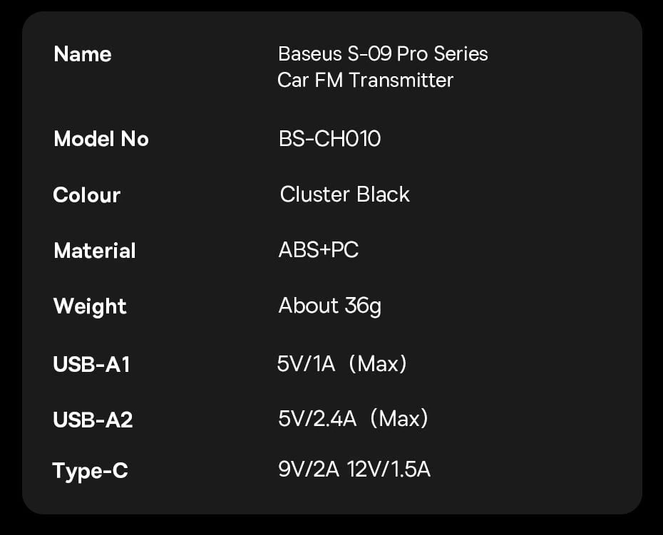 Baseus Car FM Transmitter S-09 Pro Series Black