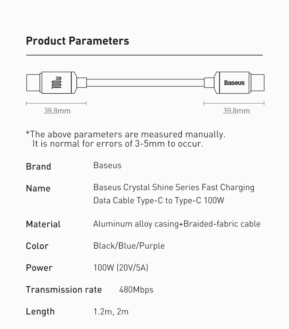Baseus Crystal Shine Series Fast Charging Cable USB-C to USB-C 100W