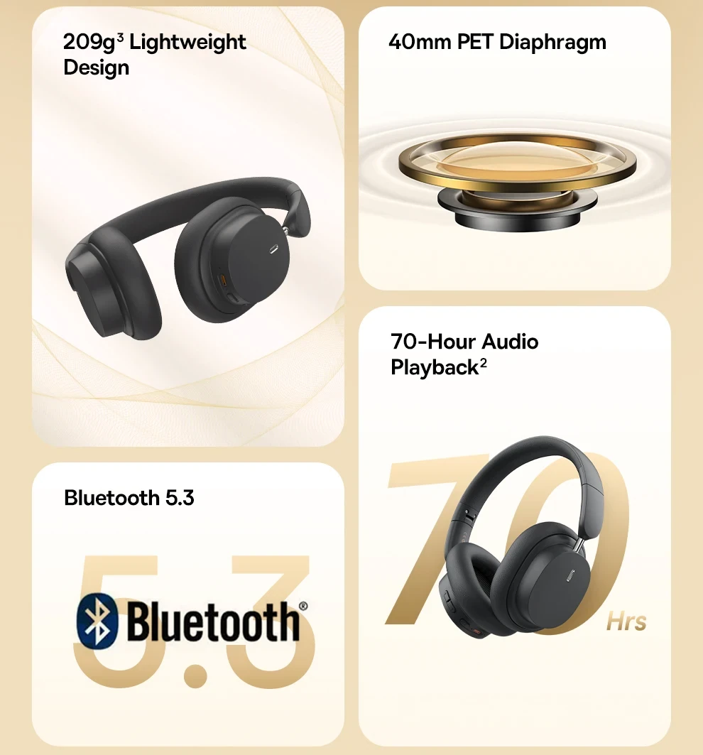 Baseus Bowie D05 Wireless Headphone Bluetooth 5.3 Earphone HIFI Stereo Headset 40mm Driver Foldable Over Ear Headphone 70H Time