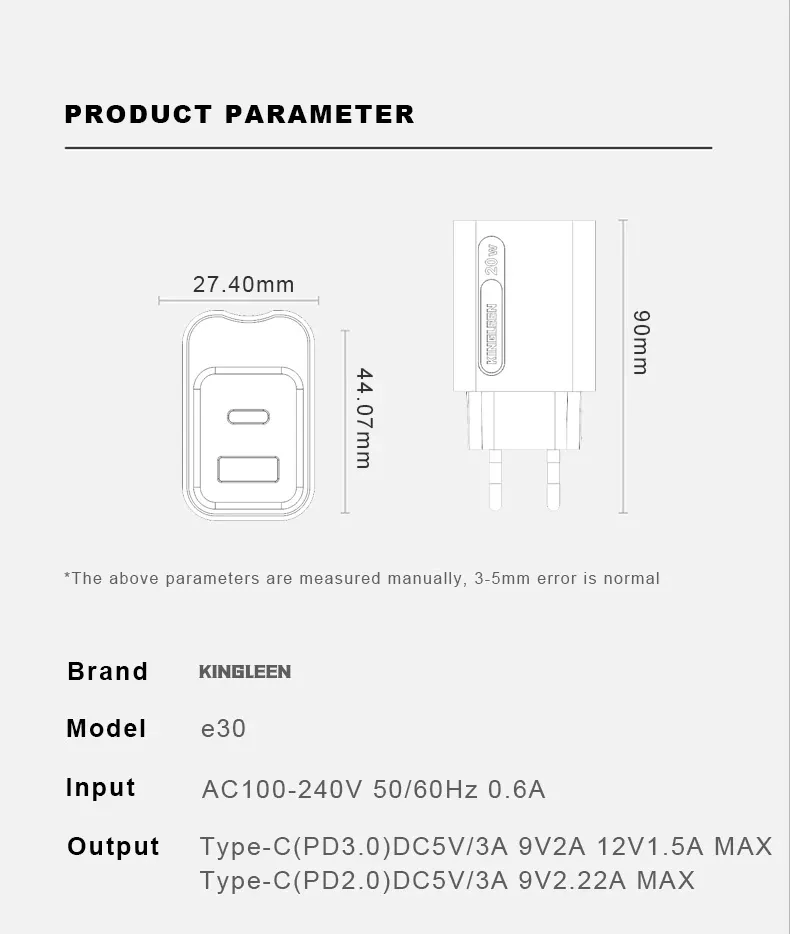Kingleen Dual Port Fast Charger 20W PD+USB 3.0 E30