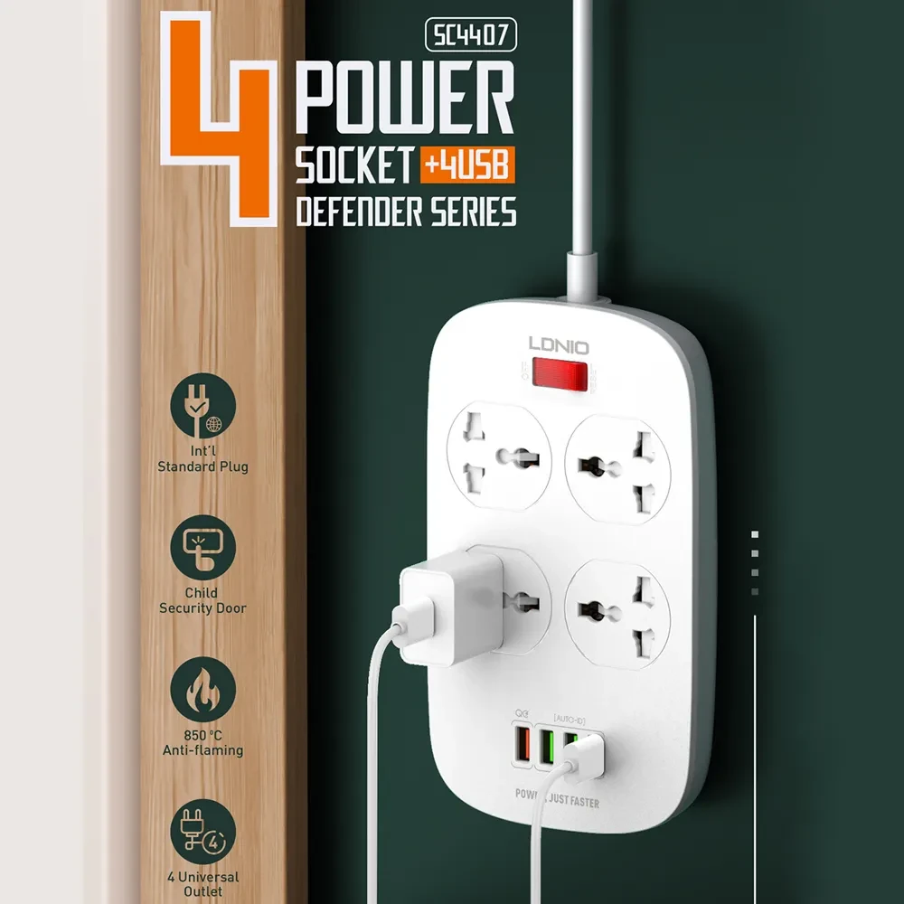 LDNIO SC4407 Heavy Duty Power Socket Extension 4 Power Plug Socket & 4-USB Port with 2M Cord