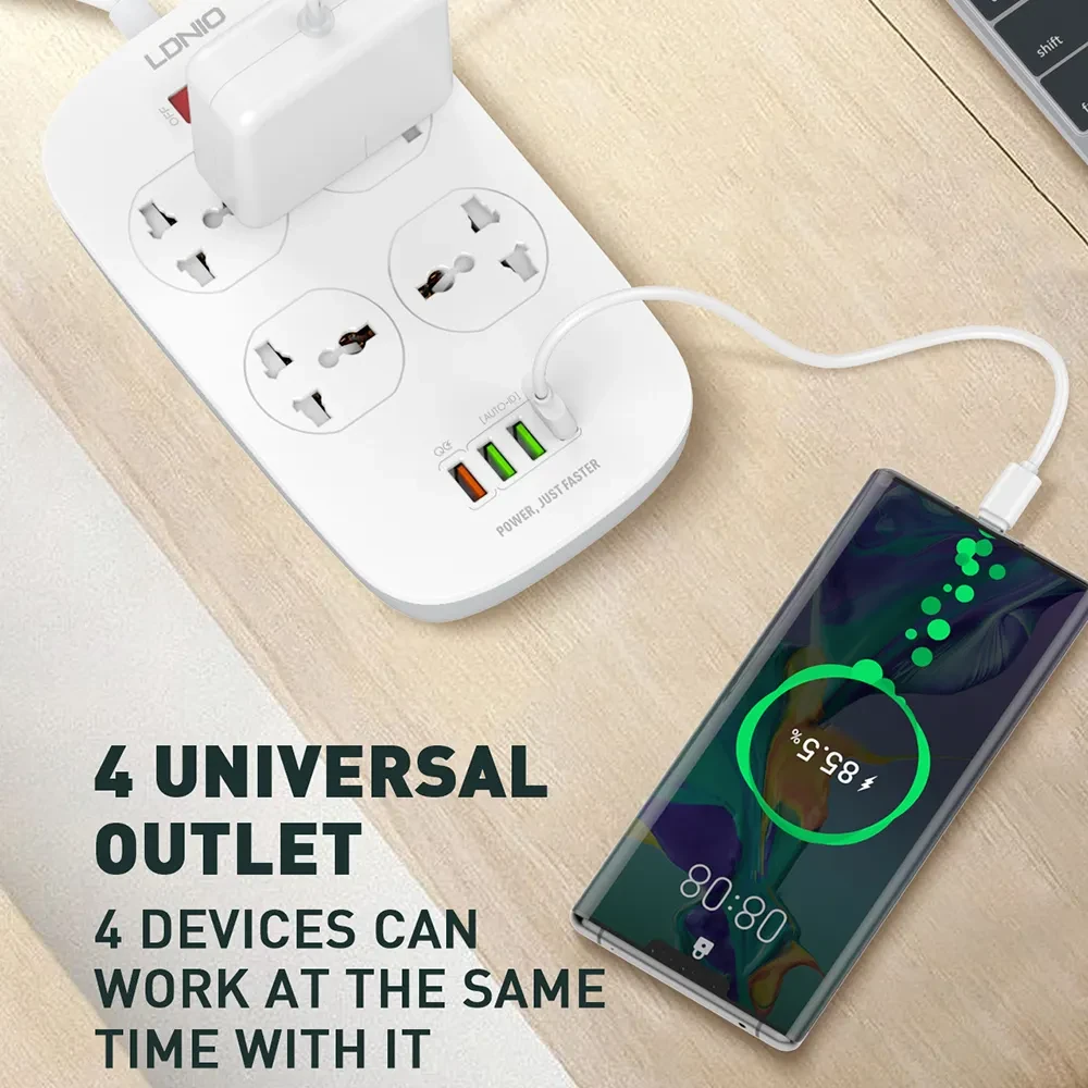 LDNIO SC4407 Heavy Duty Power Socket Extension 4 Power Plug Socket & 4-USB Port with 2M Cord