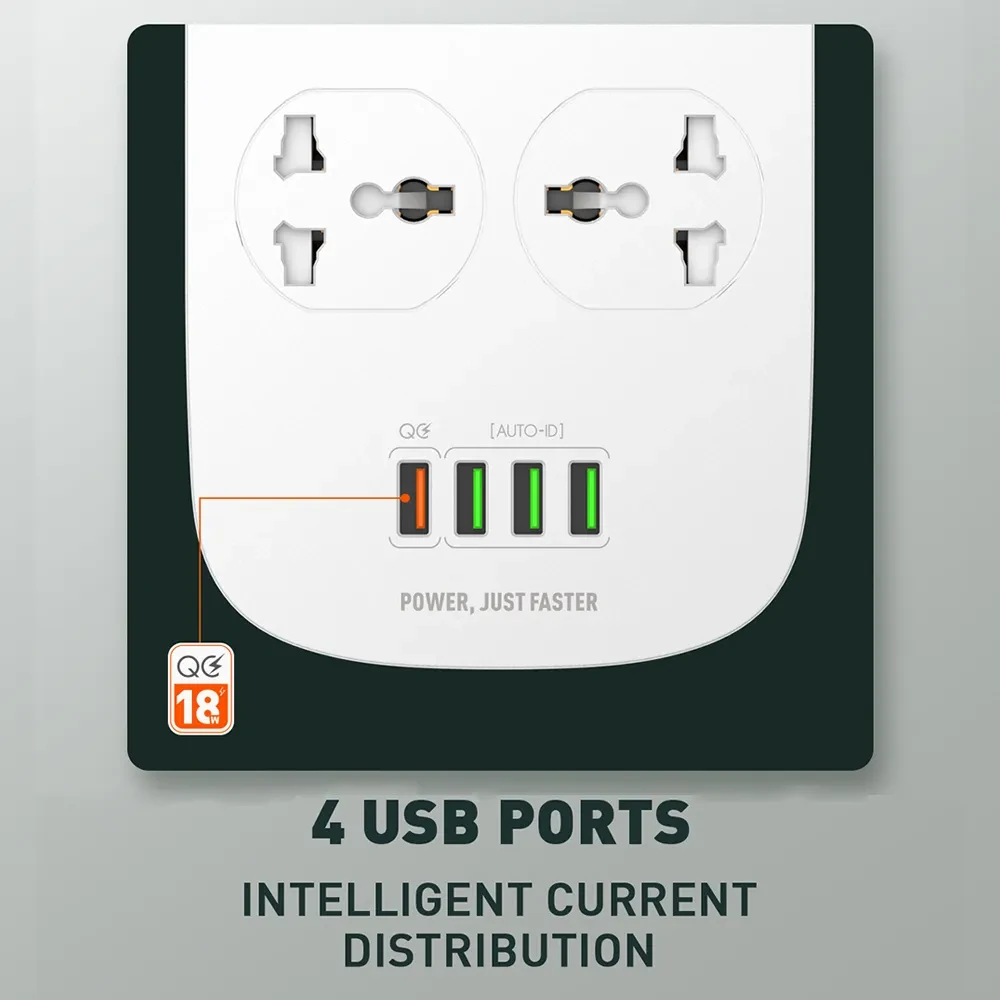 LDNIO SC4407 Heavy Duty Power Socket Extension 4 Power Plug Socket & 4-USB Port with 2M Cord