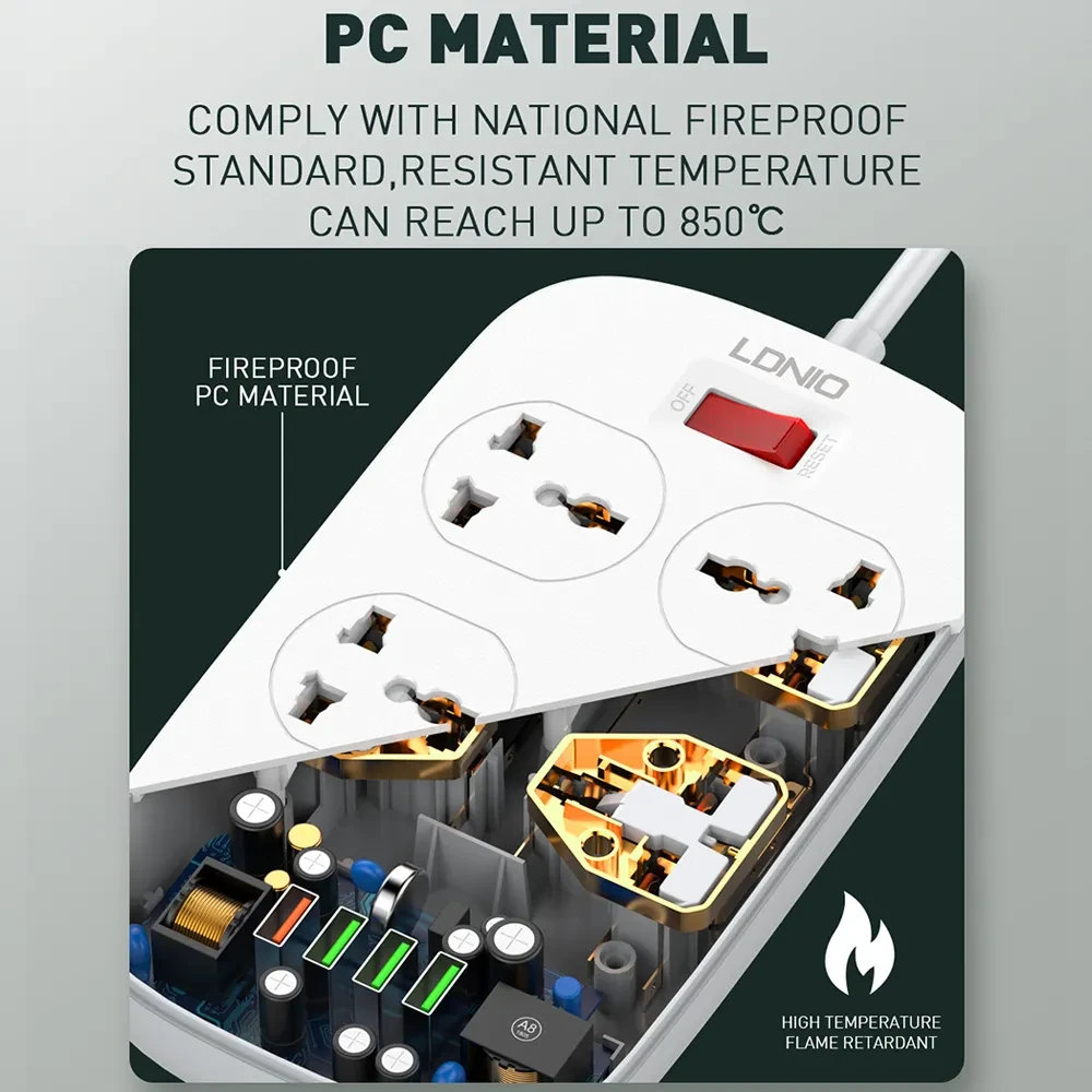 LDNIO SC4407 Heavy Duty Power Socket Extension 4 Power Plug Socket & 4-USB Port with 2M Cord