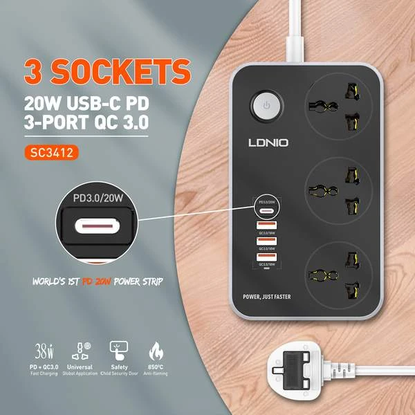 LDNIO SC3412 Fast Charging Power Extension 1xUSB-C PD & USB-A QC 3.0 Ports With 2m Power Cord
