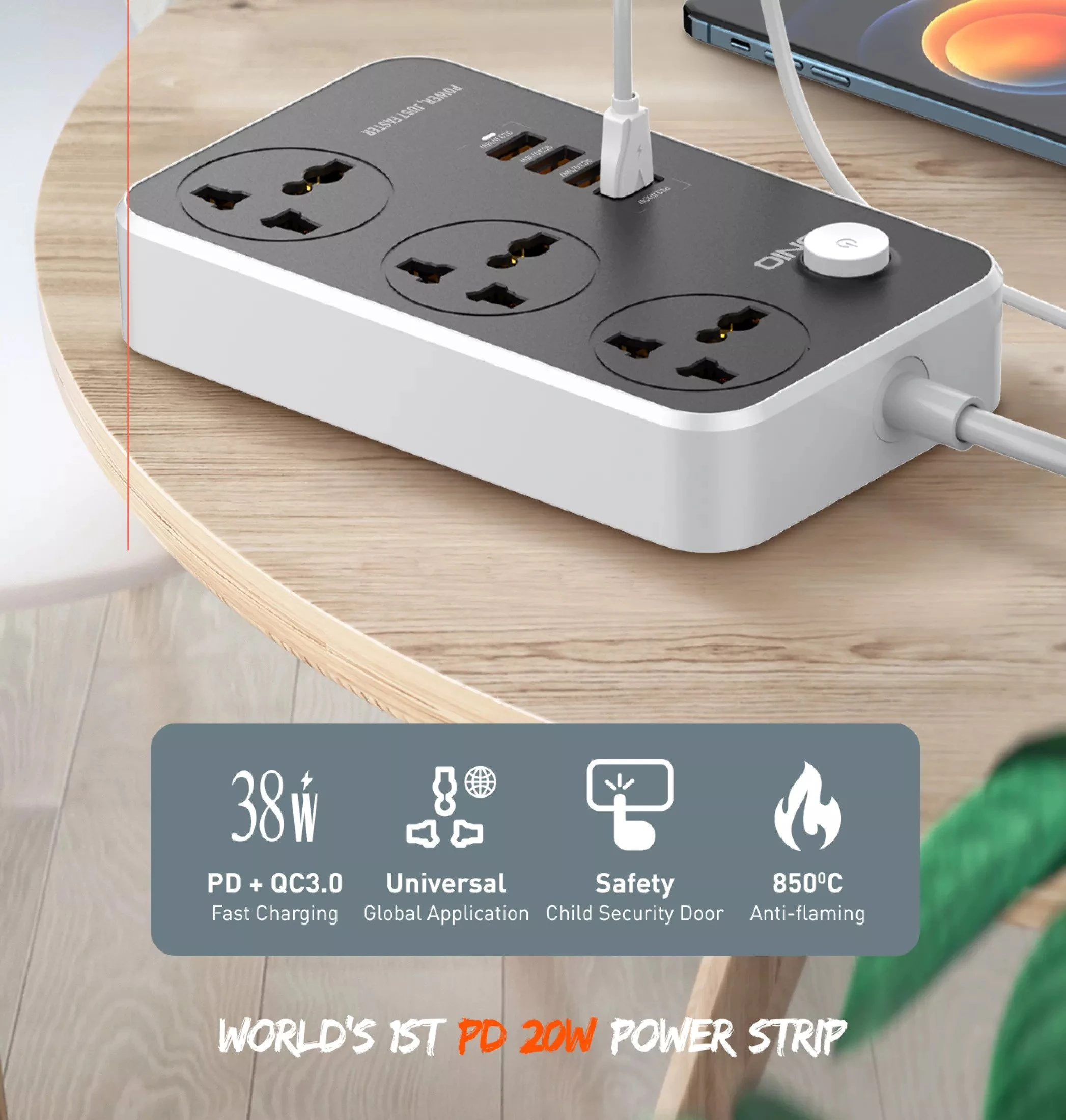 LDNIO SC3412 Fast Charging Power Extension 1xUSB-C PD & USB-A QC 3.0 Ports With 2m Power Cord