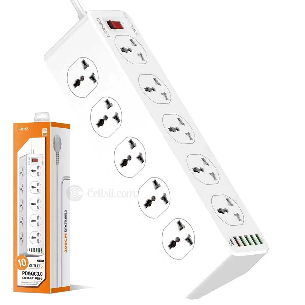 LDNIO SC10610 Slope Design Power Strip With 10 Outlets+ 5USB Ports+1PD Port 3.0 With 2m Power Cord