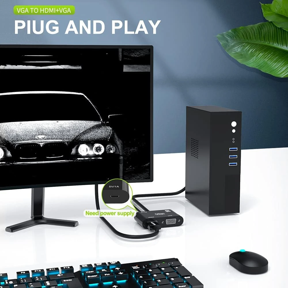 ONTEN 5138HV VGA to HDMI VGA Adapter, VGA to HDMI VGA Adapter for Computer, Desktop, Laptop, PC, Monitor, Projector