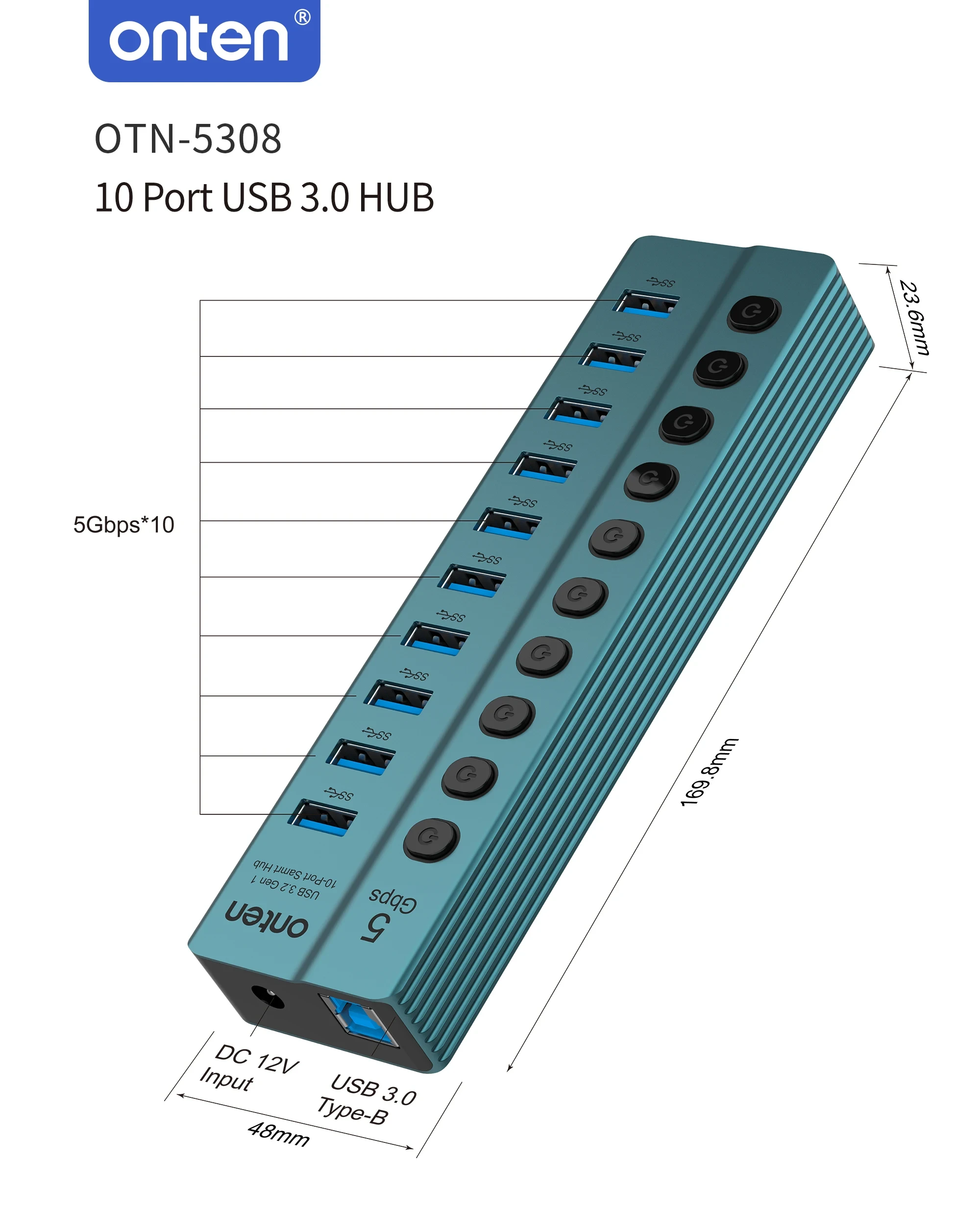 Onten USB 3.2 Gen 1 10-Port USB Hub OTN-5308