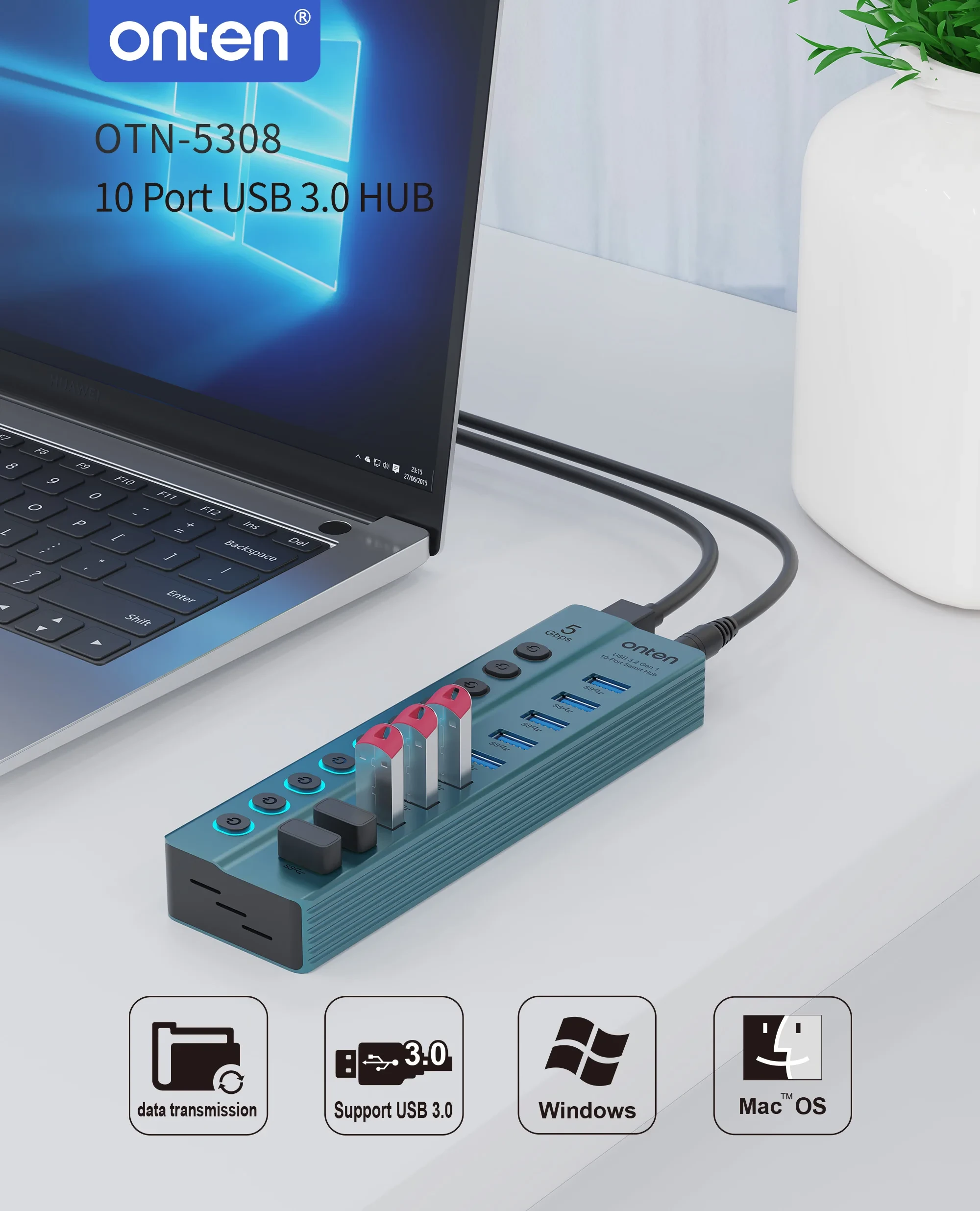 Onten USB 3.2 Gen 1 10-Port USB Hub OTN-5308
