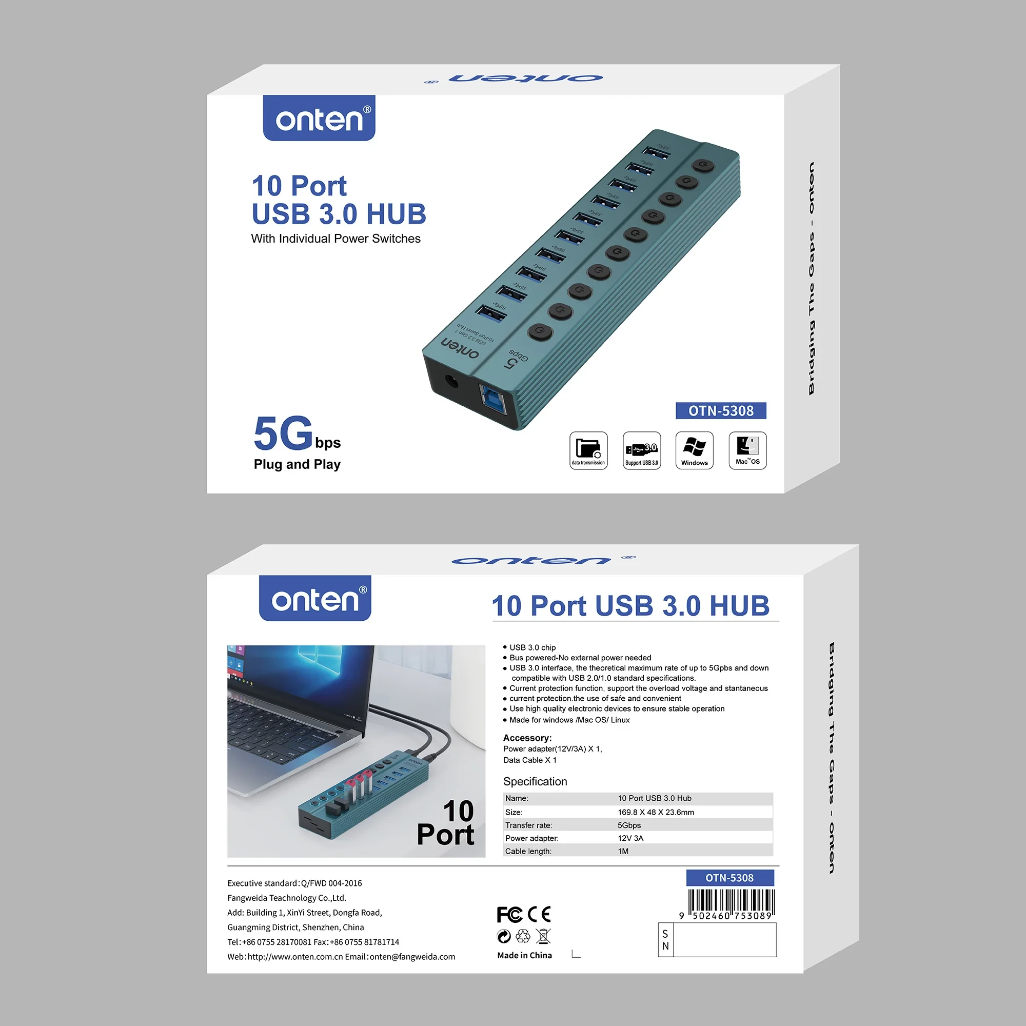 Onten USB 3.2 Gen 1 10-Port USB Hub OTN-5308