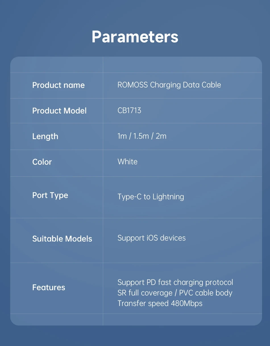 Romoss CB1713 PD Data Cable 20W Fast Charging Cable 1-meter
