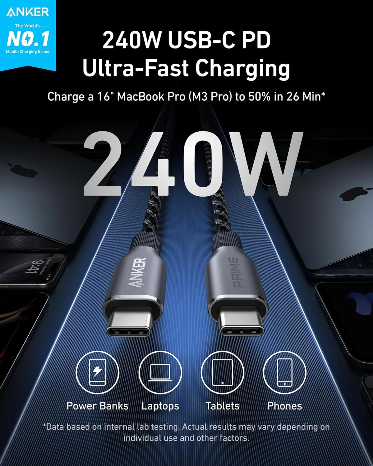 Anker Prime 240W USB C to USB C Fast Charging Cable with Upcycled for Sale in Pakistan