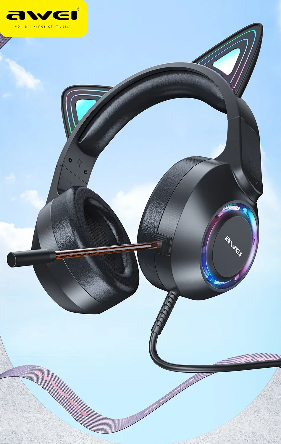 Awei GM-9 Flash Light Cat Ears Headphones with Microphone for Sale in Pakistan