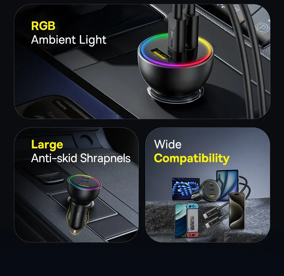 Baseus 152.5W Multi-Port Fast Charge 2C+U Car Charger Cluster Black for Sale in Pakistan