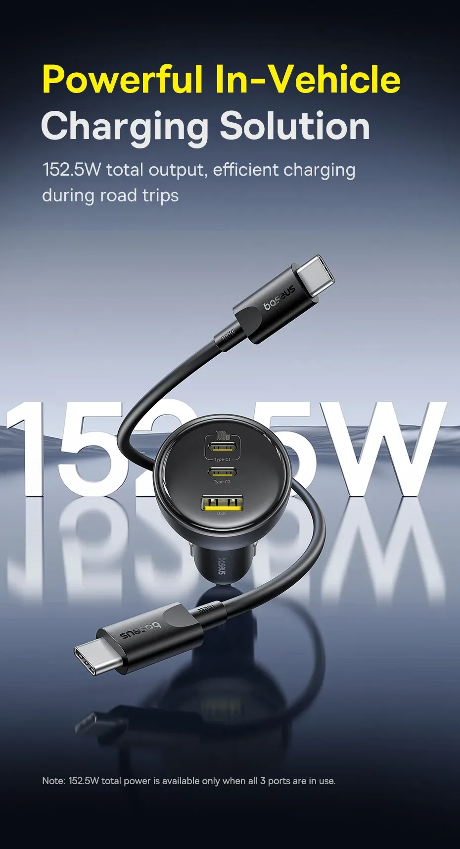 Baseus 152.5W Multi-Port Fast Charge 2C+U Car Charger Cluster Black for Sale in Pakistan