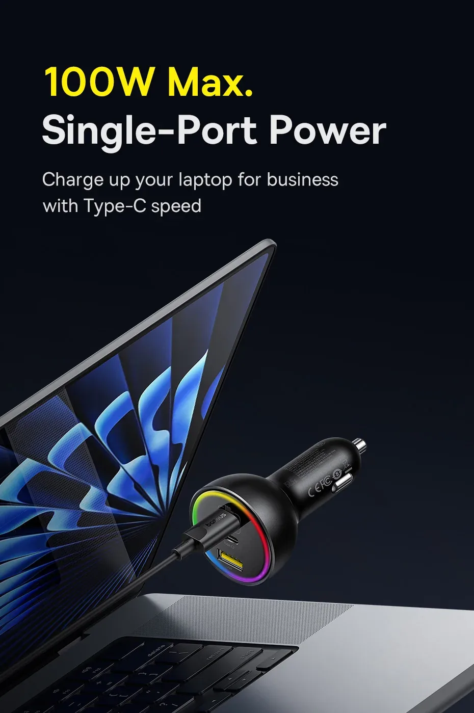 Baseus 152.5W Multi-Port Fast Charge 2C+U Car Charger Cluster Black for Sale in Pakistan