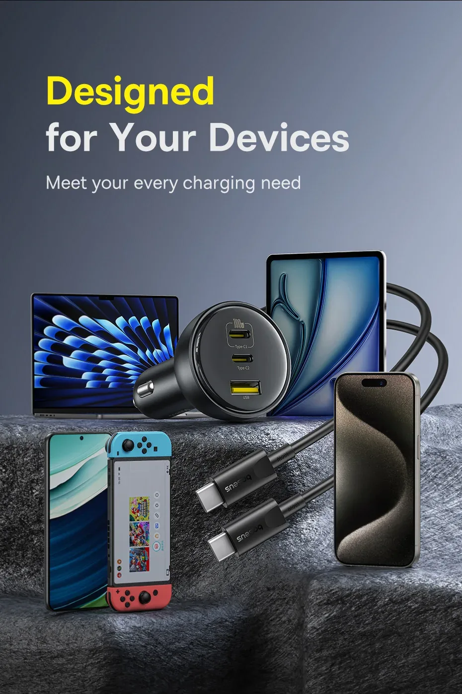 Baseus 152.5W Multi-Port Fast Charge 2C+U Car Charger Cluster Black for Sale in Pakistan