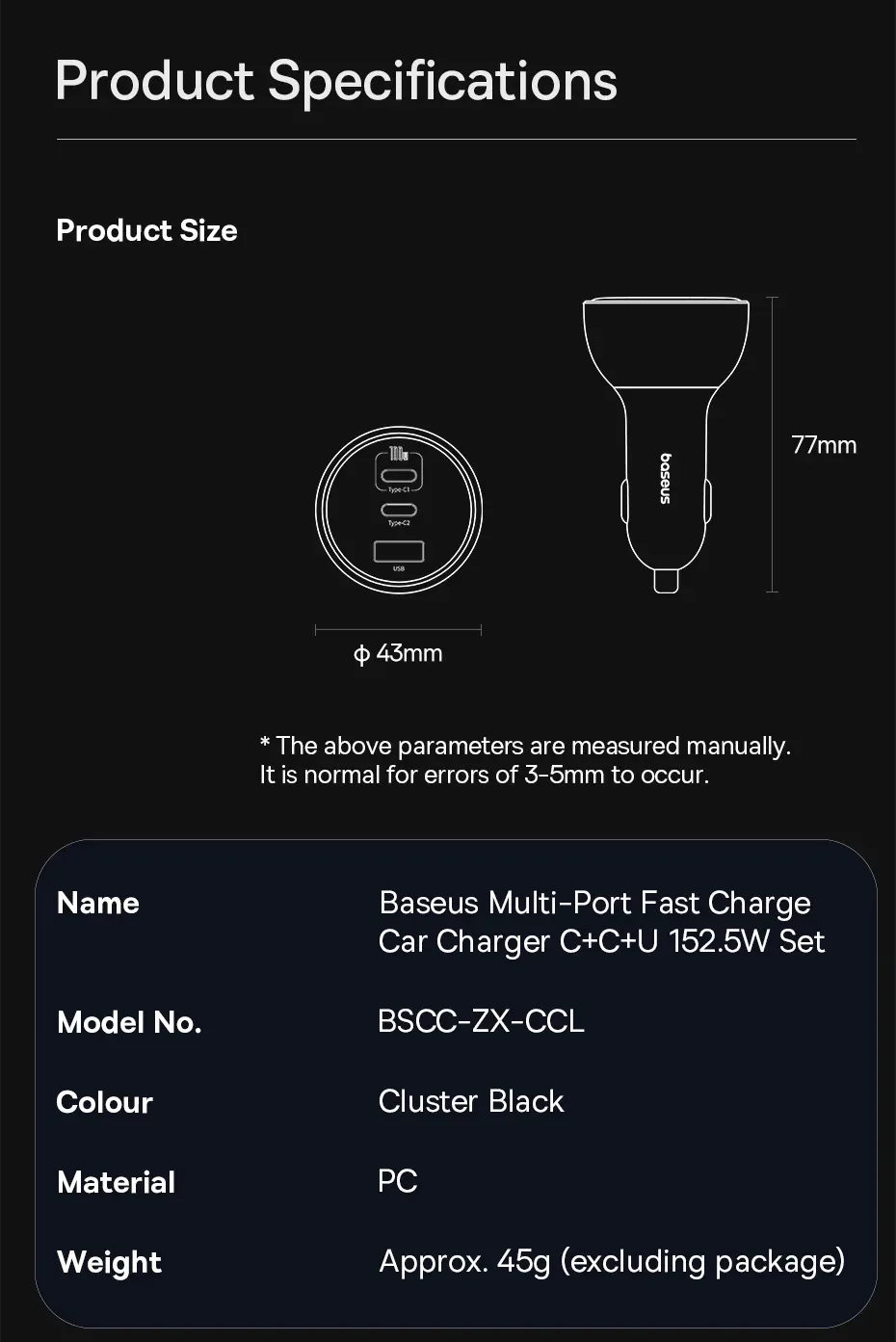 Baseus 152.5W Multi-Port Fast Charge 2C+U Car Charger Cluster Black for Sale in Pakistan