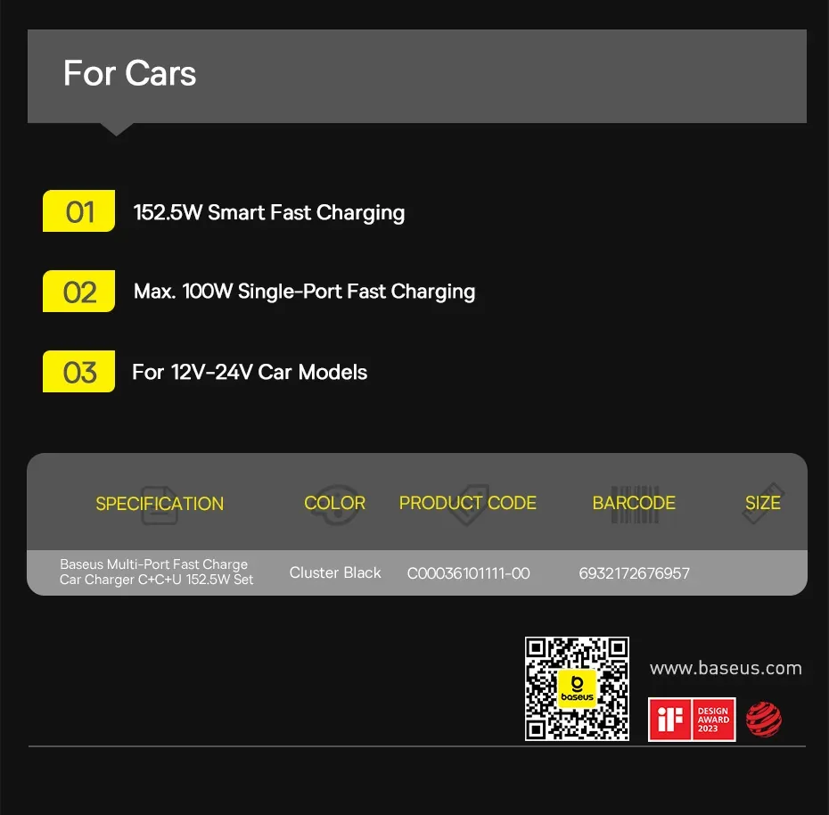 Baseus 152.5W Multi-Port Fast Charge 2C+U Car Charger Cluster Black for Sale in Pakistan