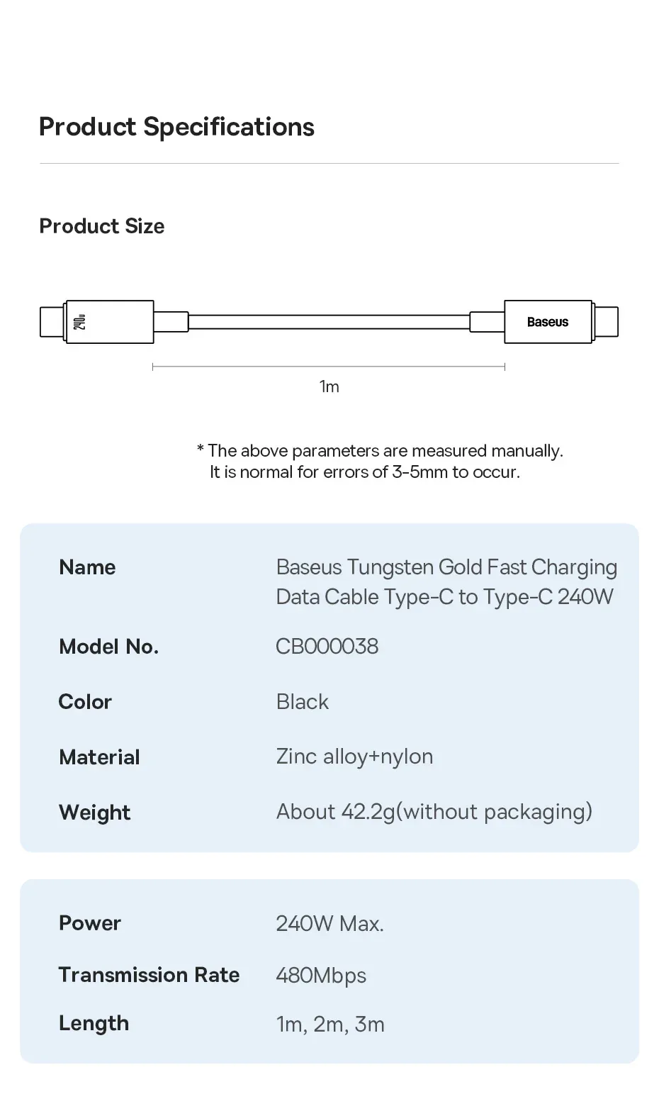 Baseus 240W Tungsten Gold Fast Charge Data Cable Type-C to Type-C for Sale in Pakistan