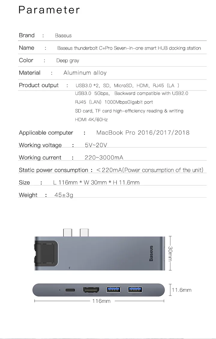Baseus 7-in-1 Dual USB-C Thunderbolt Hub For MacBook Pro-CAHUB-L0G for Sale in Pakistan