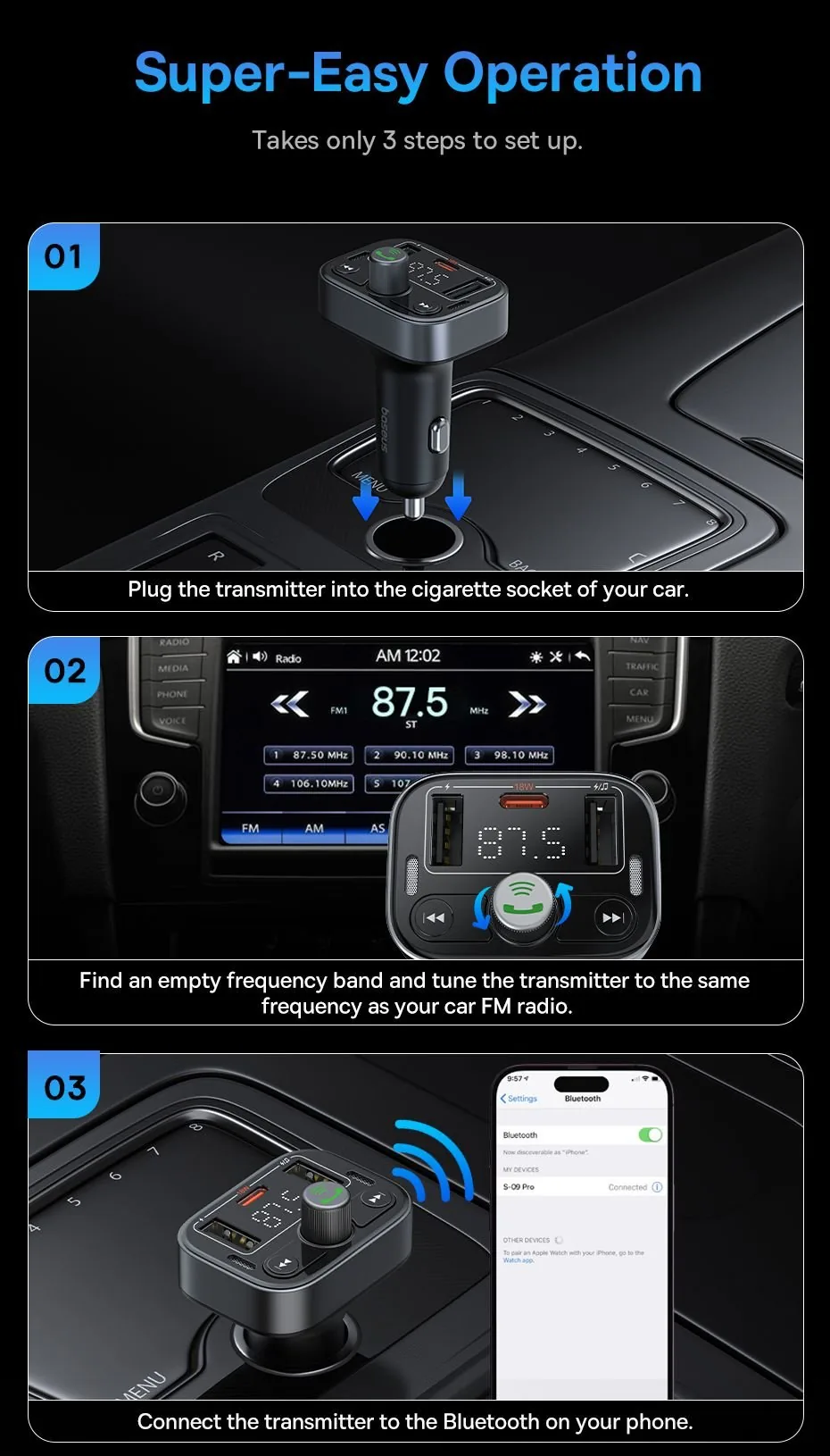 Baseus Car FM Transmitter S-09 Pro Series Black for Sale in Pakistan